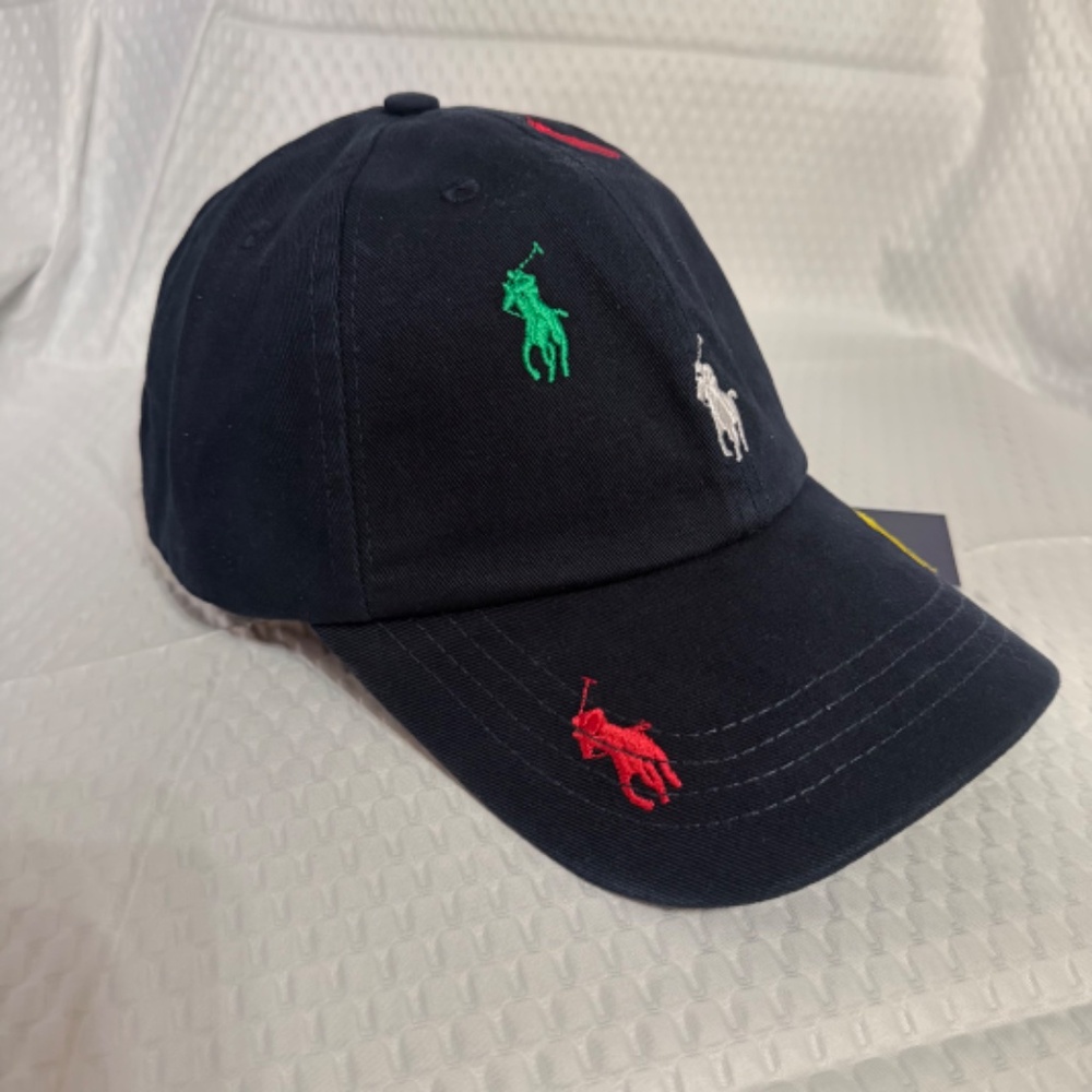 MEN'S VINTAGE POLO RALPH LAUREN MULTICOLOR LOGO NAVY BLUE CAP M/L - Picture 2 of 4